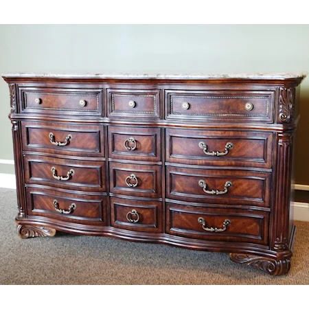 12-Drawer Triple Dresser with Stone Stone Top & Detailed Decorative Carvings